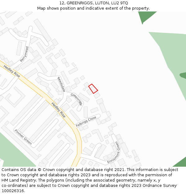 12, GREENRIGGS, LUTON, LU2 9TQ: Location map and indicative extent of plot