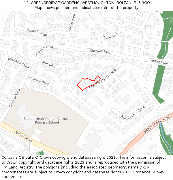 12, GREENSBRIDGE GARDENS, WESTHOUGHTON, BOLTON, BL5 3GQ: Location map and indicative extent of plot