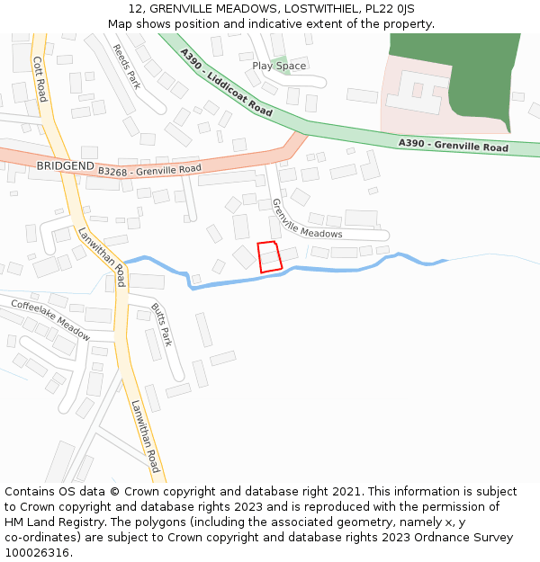 12, GRENVILLE MEADOWS, LOSTWITHIEL, PL22 0JS: Location map and indicative extent of plot