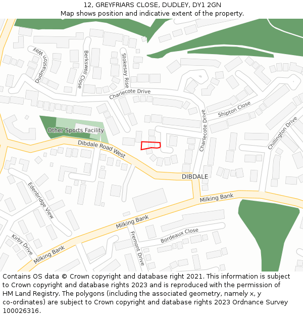 12, GREYFRIARS CLOSE, DUDLEY, DY1 2GN: Location map and indicative extent of plot