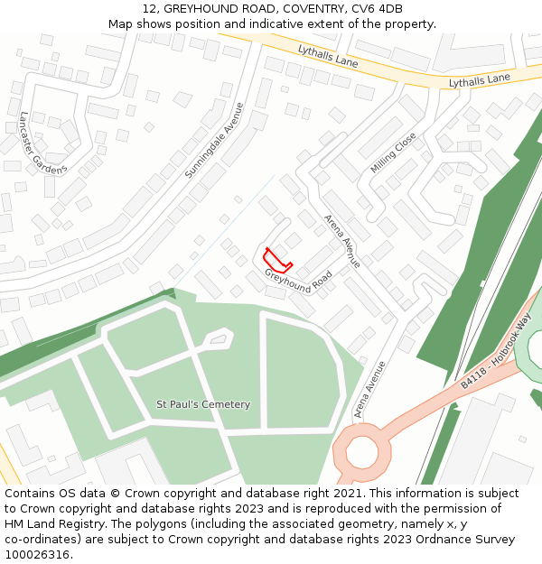 12, GREYHOUND ROAD, COVENTRY, CV6 4DB: Location map and indicative extent of plot