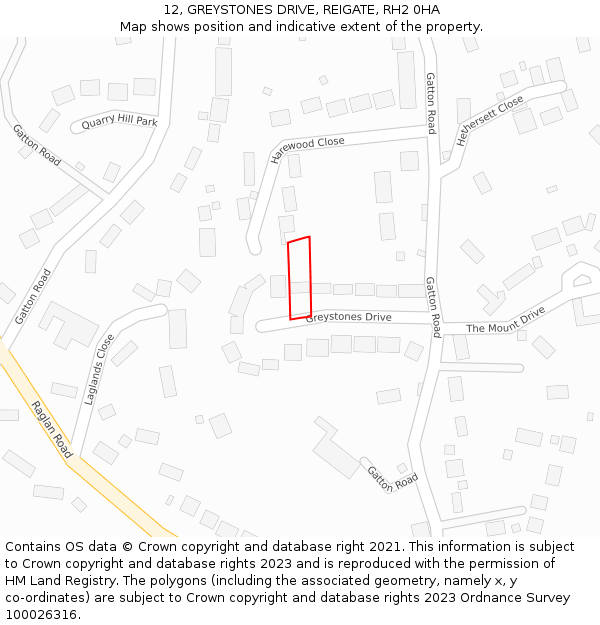 12, GREYSTONES DRIVE, REIGATE, RH2 0HA: Location map and indicative extent of plot