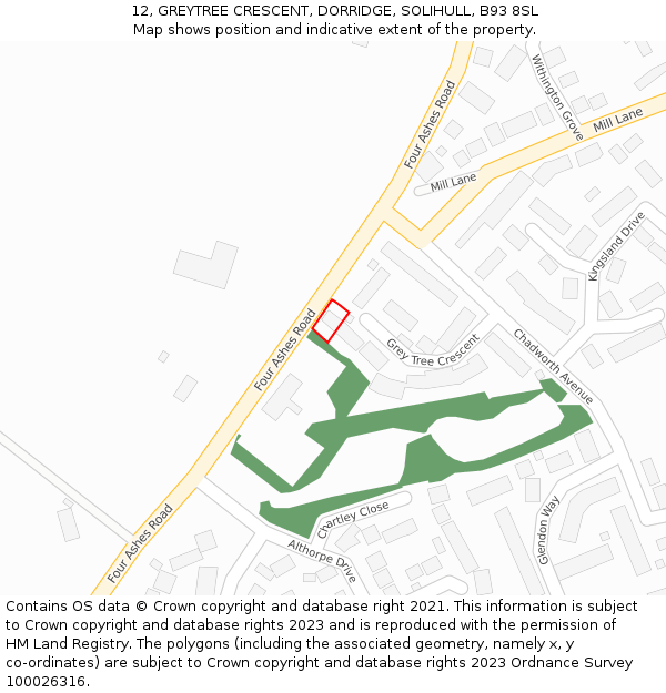 12, GREYTREE CRESCENT, DORRIDGE, SOLIHULL, B93 8SL: Location map and indicative extent of plot