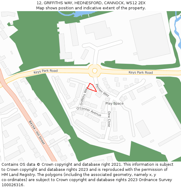 12, GRIFFITHS WAY, HEDNESFORD, CANNOCK, WS12 2EX: Location map and indicative extent of plot