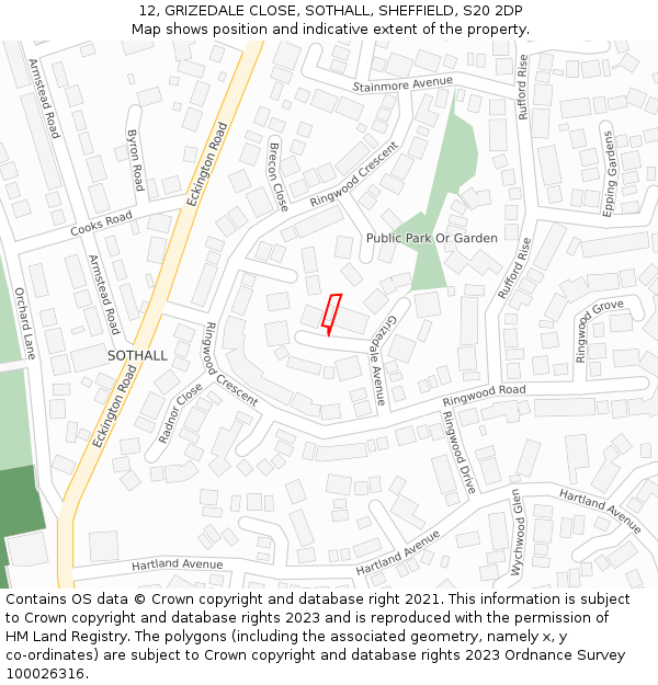 12, GRIZEDALE CLOSE, SOTHALL, SHEFFIELD, S20 2DP: Location map and indicative extent of plot
