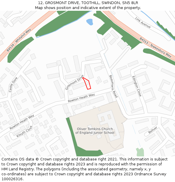 12, GROSMONT DRIVE, TOOTHILL, SWINDON, SN5 8LR: Location map and indicative extent of plot