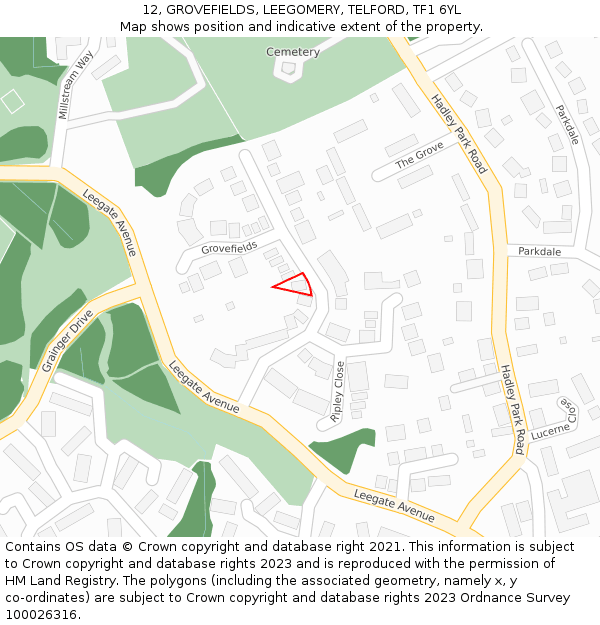 12, GROVEFIELDS, LEEGOMERY, TELFORD, TF1 6YL: Location map and indicative extent of plot