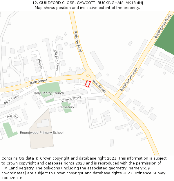 12, GUILDFORD CLOSE, GAWCOTT, BUCKINGHAM, MK18 4HJ: Location map and indicative extent of plot