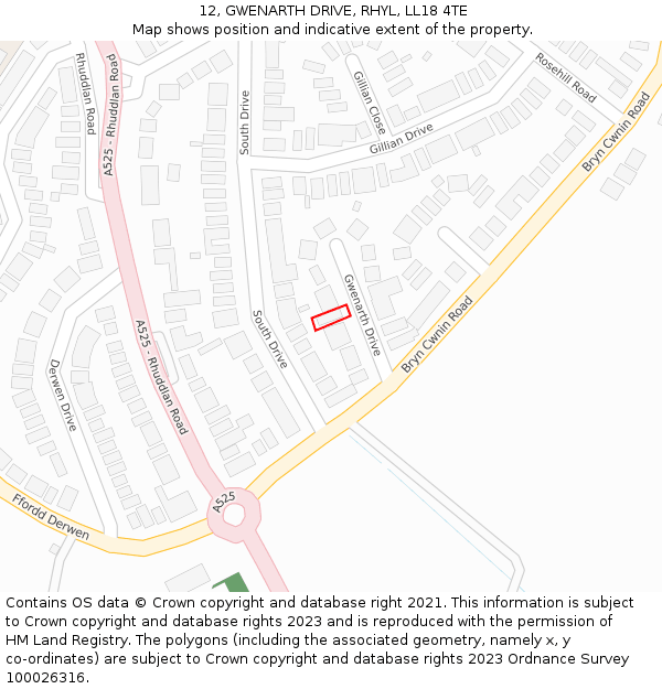 12, GWENARTH DRIVE, RHYL, LL18 4TE: Location map and indicative extent of plot