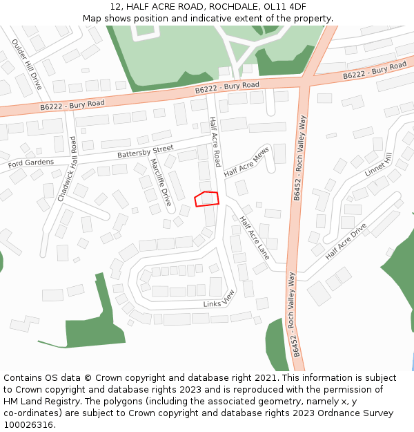 12, HALF ACRE ROAD, ROCHDALE, OL11 4DF: Location map and indicative extent of plot