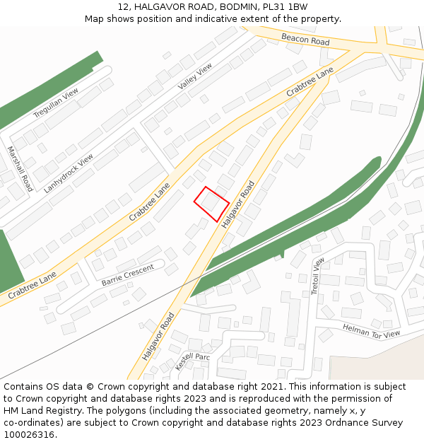 12, HALGAVOR ROAD, BODMIN, PL31 1BW: Location map and indicative extent of plot