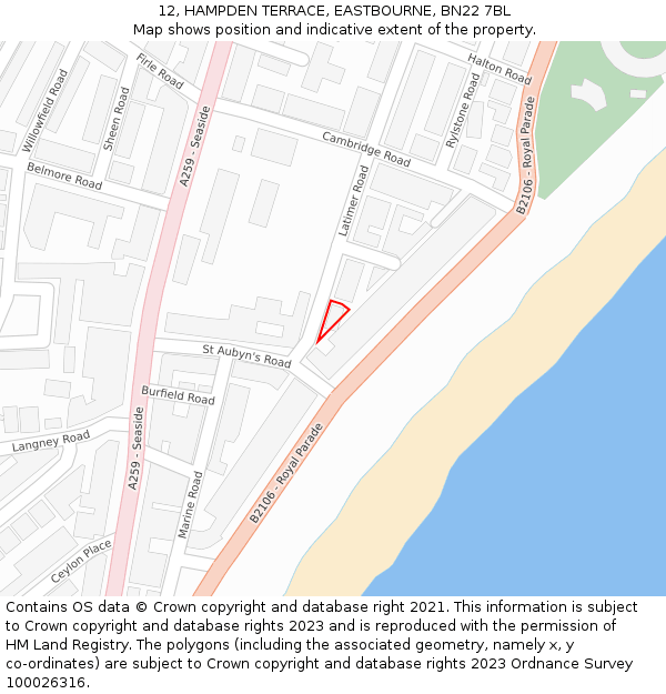 12, HAMPDEN TERRACE, EASTBOURNE, BN22 7BL: Location map and indicative extent of plot
