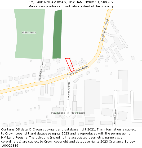 12, HARDINGHAM ROAD, HINGHAM, NORWICH, NR9 4LX: Location map and indicative extent of plot