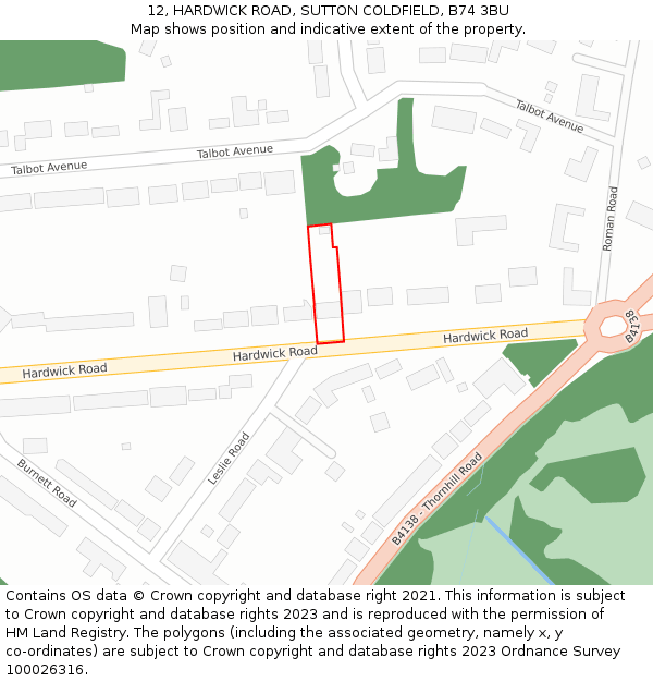 12, HARDWICK ROAD, SUTTON COLDFIELD, B74 3BU: Location map and indicative extent of plot