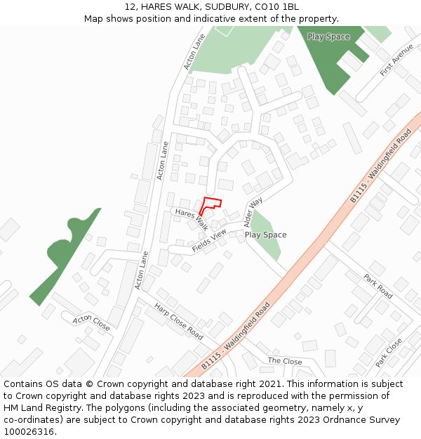 12, HARES WALK, SUDBURY, CO10 1BL: Location map and indicative extent of plot