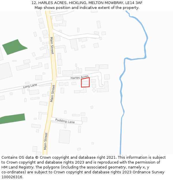 12, HARLES ACRES, HICKLING, MELTON MOWBRAY, LE14 3AF: Location map and indicative extent of plot
