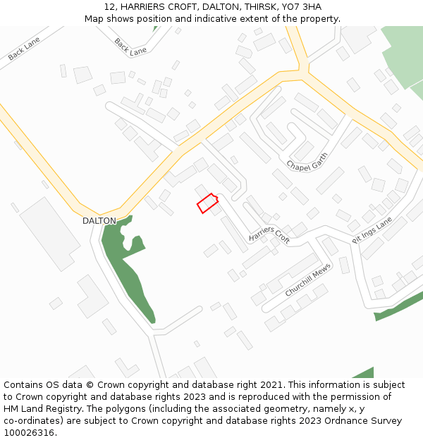 12, HARRIERS CROFT, DALTON, THIRSK, YO7 3HA: Location map and indicative extent of plot