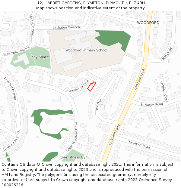 12, HARRIET GARDENS, PLYMPTON, PLYMOUTH, PL7 4RH: Location map and indicative extent of plot