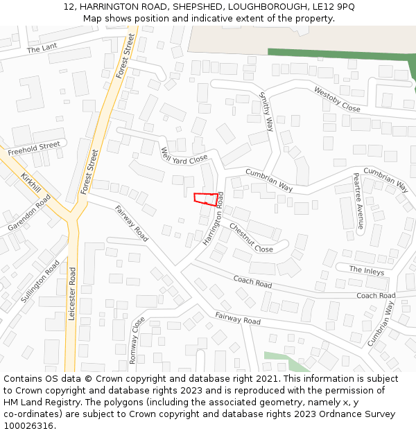 12, HARRINGTON ROAD, SHEPSHED, LOUGHBOROUGH, LE12 9PQ: Location map and indicative extent of plot