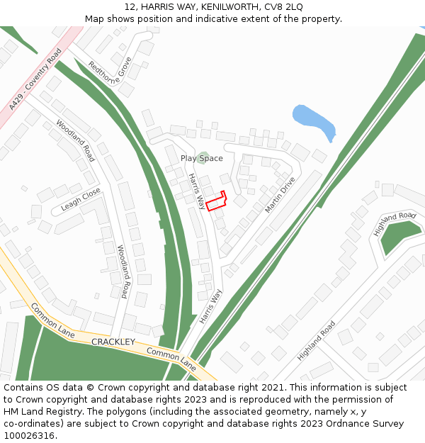 12, HARRIS WAY, KENILWORTH, CV8 2LQ: Location map and indicative extent of plot