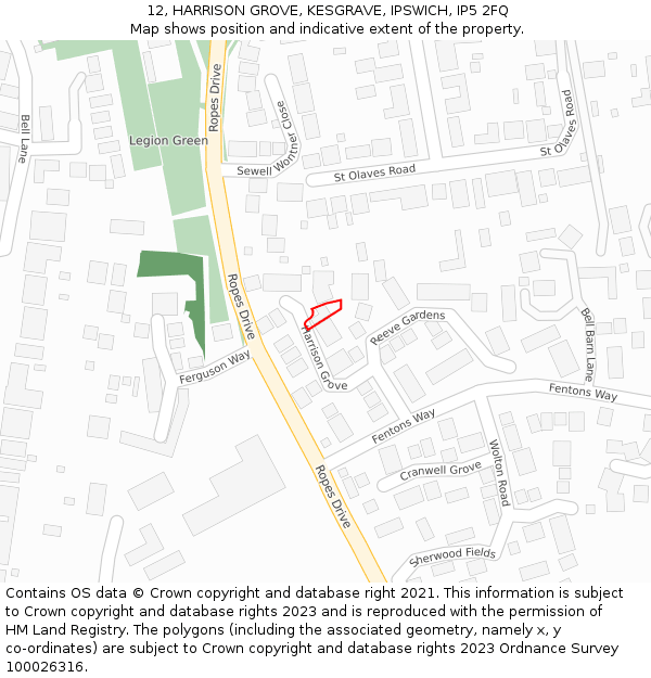 12, HARRISON GROVE, KESGRAVE, IPSWICH, IP5 2FQ: Location map and indicative extent of plot