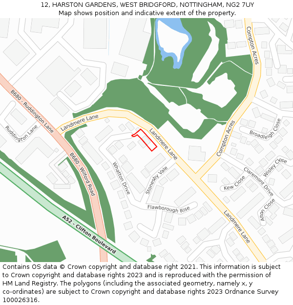 12, HARSTON GARDENS, WEST BRIDGFORD, NOTTINGHAM, NG2 7UY: Location map and indicative extent of plot