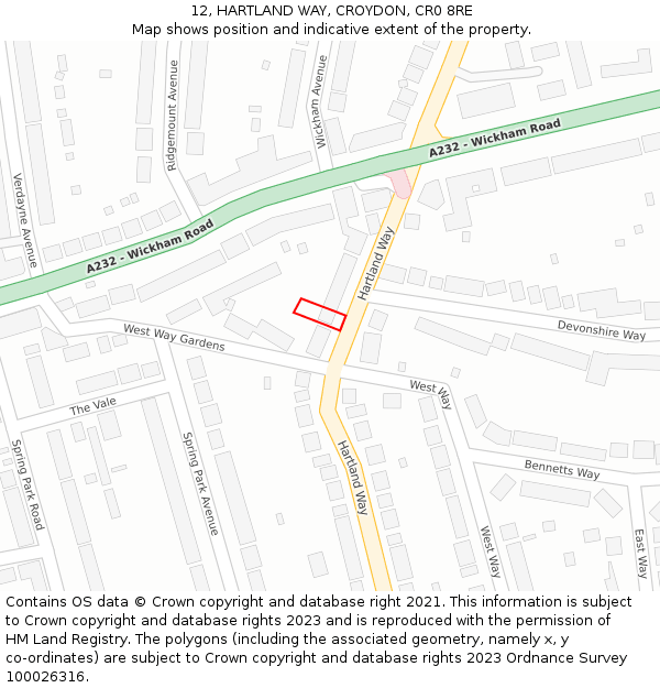 12, HARTLAND WAY, CROYDON, CR0 8RE: Location map and indicative extent of plot