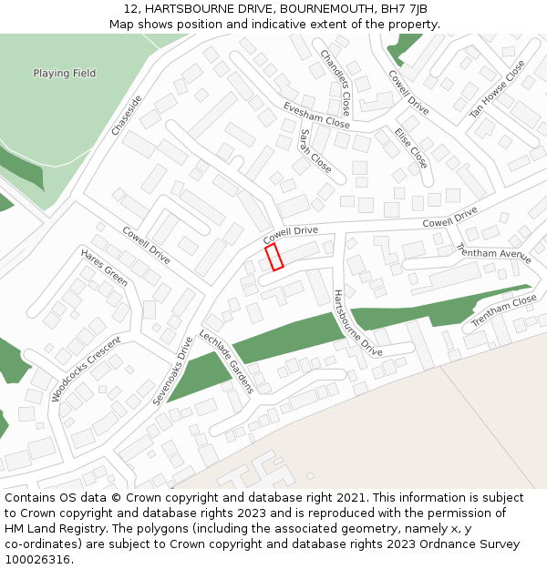 12, HARTSBOURNE DRIVE, BOURNEMOUTH, BH7 7JB: Location map and indicative extent of plot