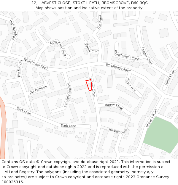 12, HARVEST CLOSE, STOKE HEATH, BROMSGROVE, B60 3QS: Location map and indicative extent of plot