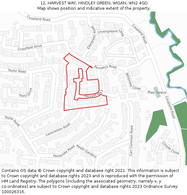 12, HARVEST WAY, HINDLEY GREEN, WIGAN, WN2 4GD: Location map and indicative extent of plot