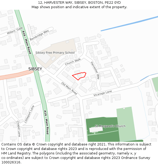 12, HARVESTER WAY, SIBSEY, BOSTON, PE22 0YD: Location map and indicative extent of plot