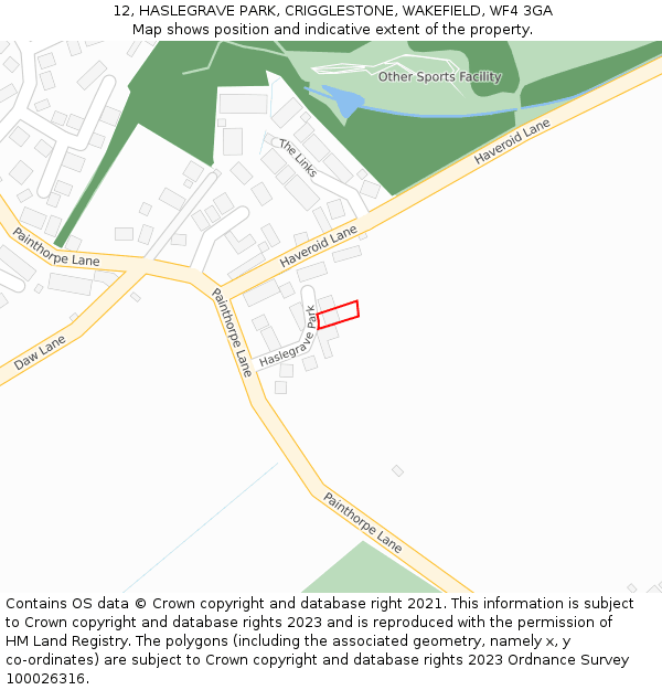 12, HASLEGRAVE PARK, CRIGGLESTONE, WAKEFIELD, WF4 3GA: Location map and indicative extent of plot