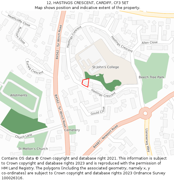 12, HASTINGS CRESCENT, CARDIFF, CF3 5ET: Location map and indicative extent of plot