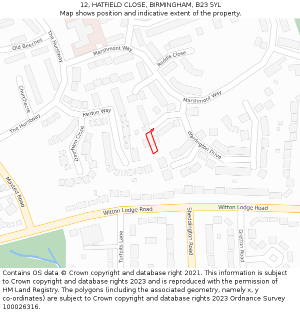 12, HATFIELD CLOSE, BIRMINGHAM, B23 5YL: Location map and indicative extent of plot