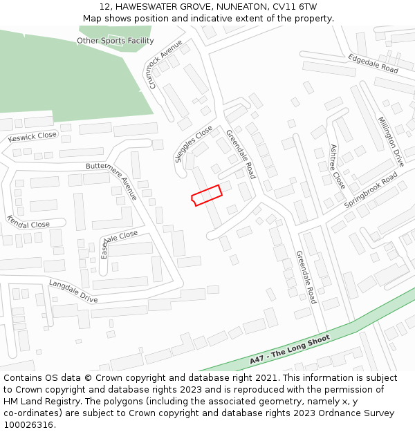 12, HAWESWATER GROVE, NUNEATON, CV11 6TW: Location map and indicative extent of plot