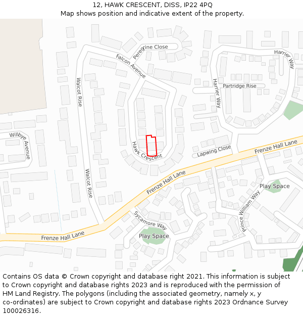 12, HAWK CRESCENT, DISS, IP22 4PQ: Location map and indicative extent of plot