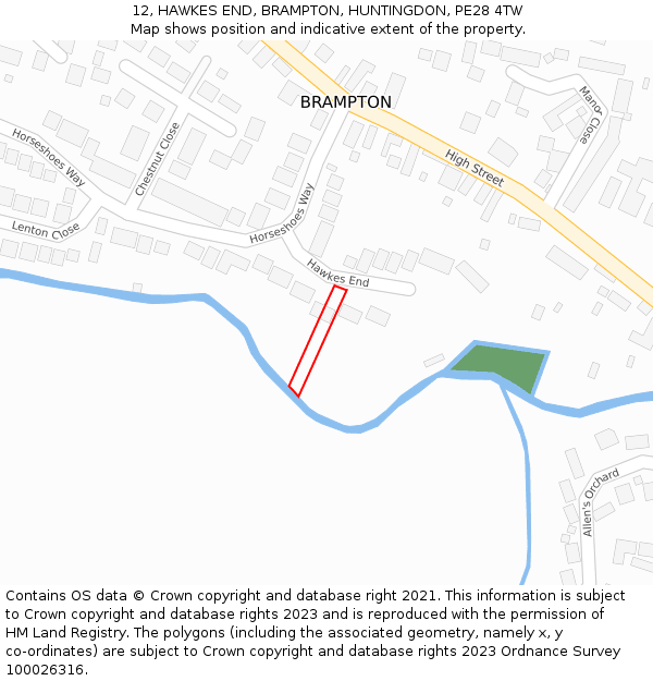 12, HAWKES END, BRAMPTON, HUNTINGDON, PE28 4TW: Location map and indicative extent of plot