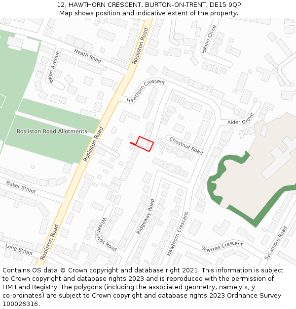 12, HAWTHORN CRESCENT, BURTON-ON-TRENT, DE15 9QP: Location map and indicative extent of plot