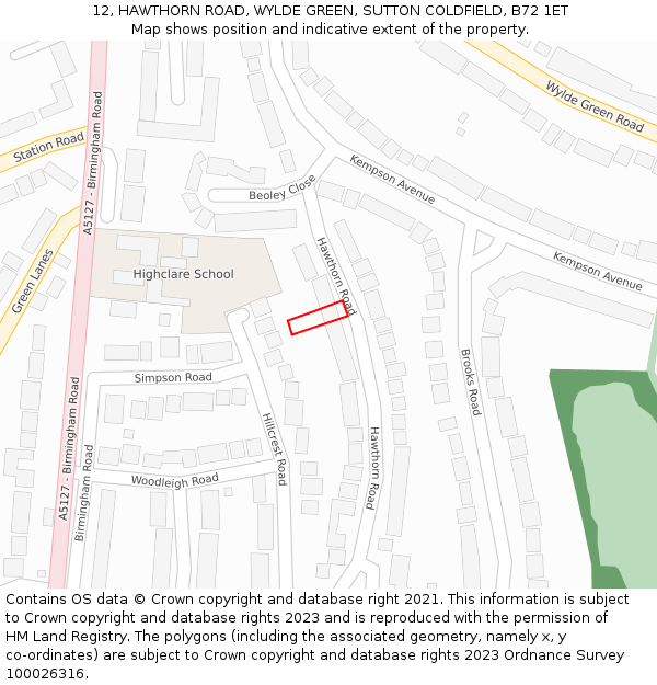 12, HAWTHORN ROAD, WYLDE GREEN, SUTTON COLDFIELD, B72 1ET: Location map and indicative extent of plot