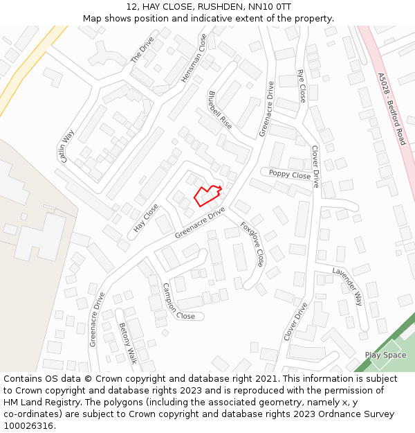 12, HAY CLOSE, RUSHDEN, NN10 0TT: Location map and indicative extent of plot