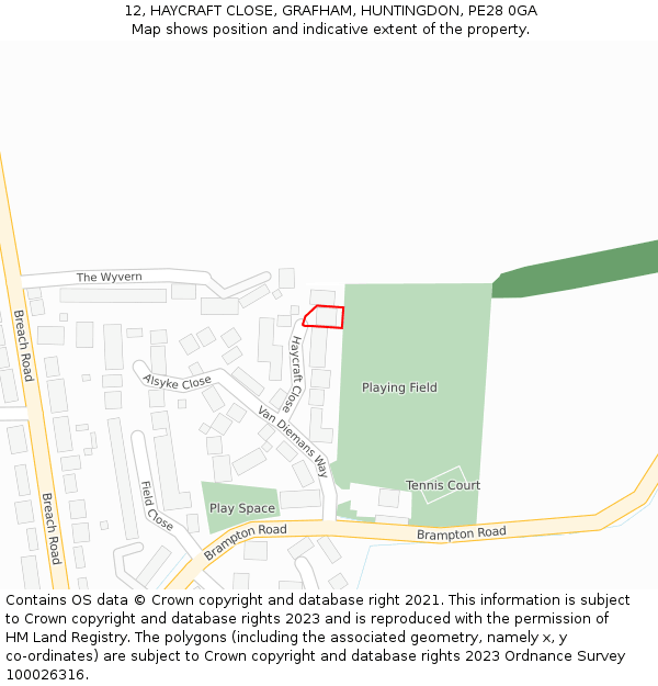 12, HAYCRAFT CLOSE, GRAFHAM, HUNTINGDON, PE28 0GA: Location map and indicative extent of plot