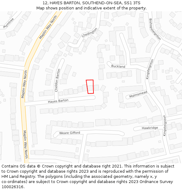 12, HAYES BARTON, SOUTHEND-ON-SEA, SS1 3TS: Location map and indicative extent of plot