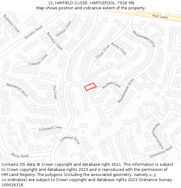 12, HAYFIELD CLOSE, HARTLEPOOL, TS26 0RJ: Location map and indicative extent of plot
