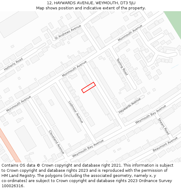 12, HAYWARDS AVENUE, WEYMOUTH, DT3 5JU: Location map and indicative extent of plot