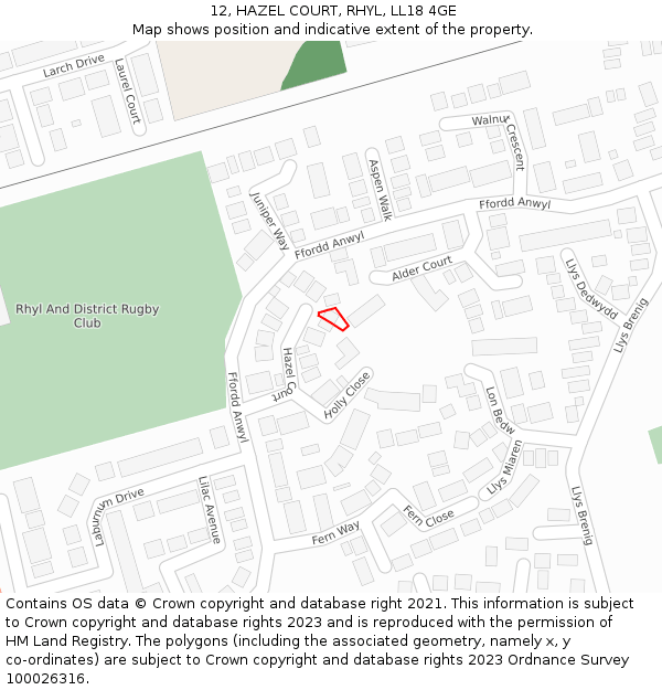 12, HAZEL COURT, RHYL, LL18 4GE: Location map and indicative extent of plot