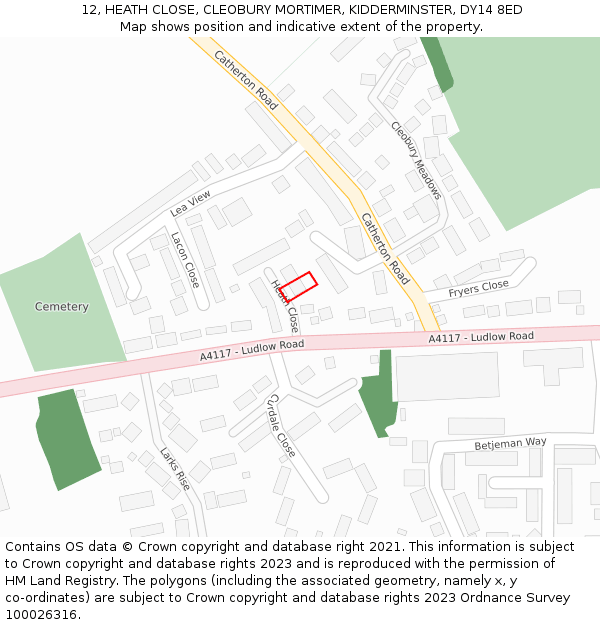 12, HEATH CLOSE, CLEOBURY MORTIMER, KIDDERMINSTER, DY14 8ED: Location map and indicative extent of plot