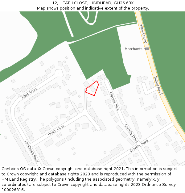 12, HEATH CLOSE, HINDHEAD, GU26 6RX: Location map and indicative extent of plot