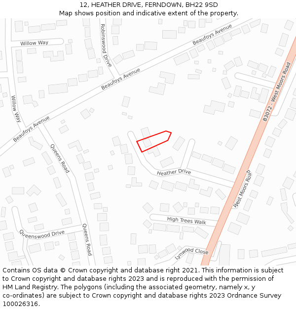 12, HEATHER DRIVE, FERNDOWN, BH22 9SD: Location map and indicative extent of plot