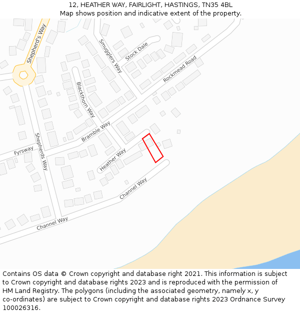 12, HEATHER WAY, FAIRLIGHT, HASTINGS, TN35 4BL: Location map and indicative extent of plot