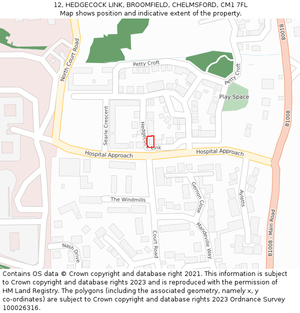 12, HEDGECOCK LINK, BROOMFIELD, CHELMSFORD, CM1 7FL: Location map and indicative extent of plot